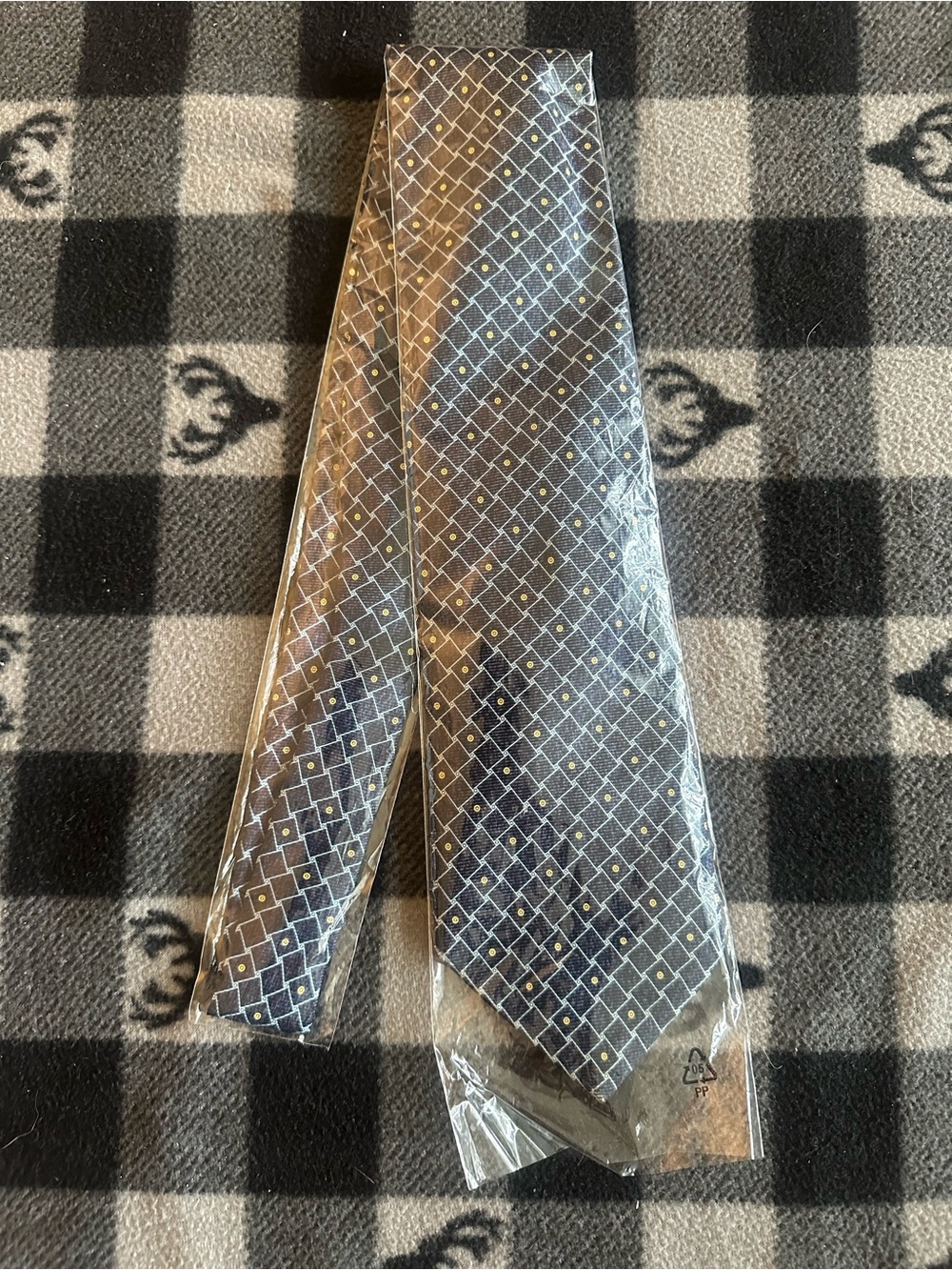 Bulgari Brown Tie with Blue and Cream Geometric Grid